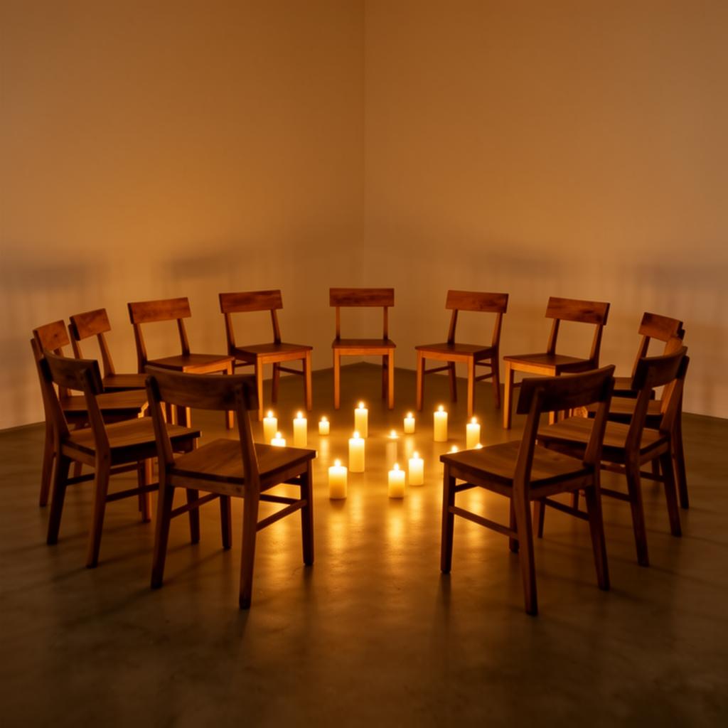 Warm candlelit circle of wooden chairs in a quiet room