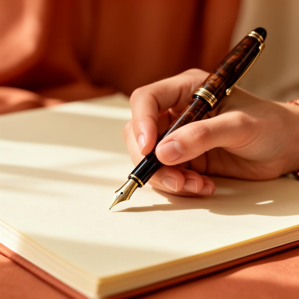 Close up of a hand holding a vintage fountain pen over thick cream paper