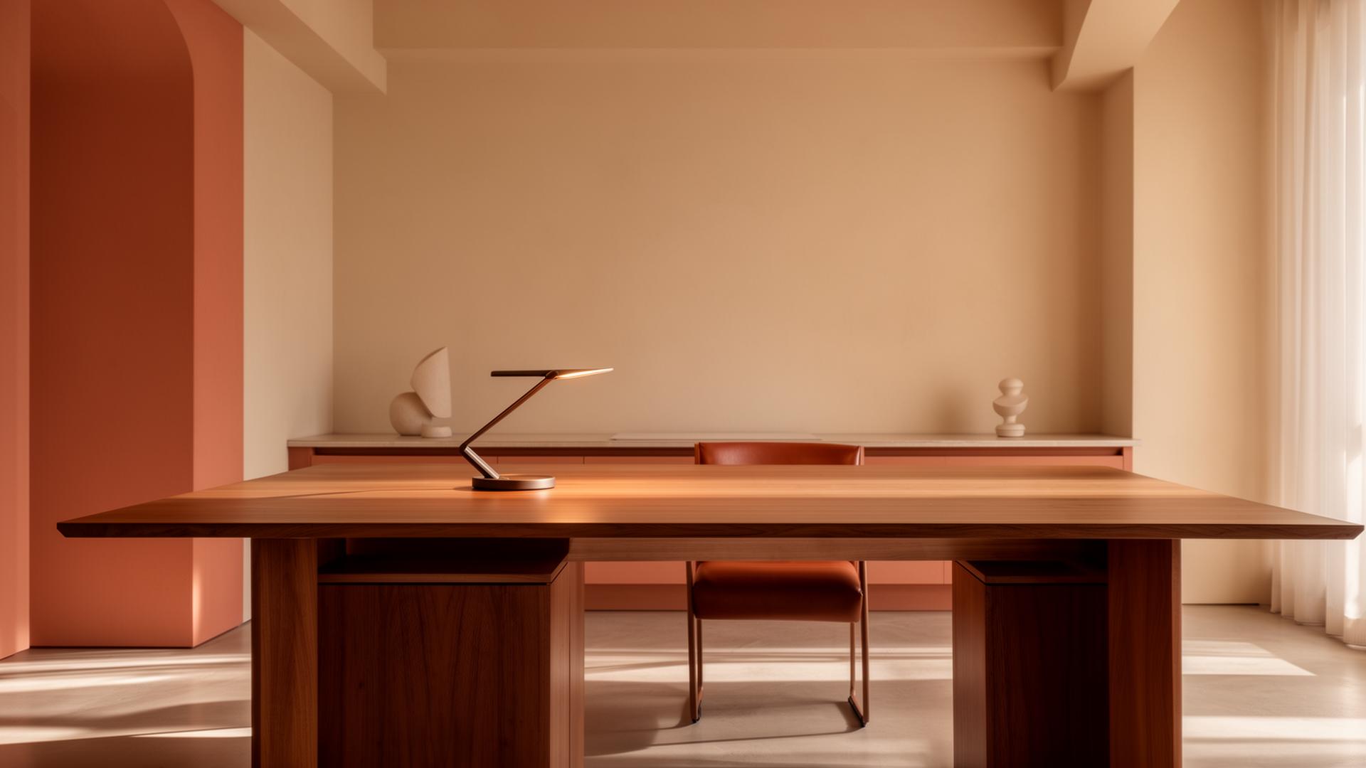 A softly lit, high-end interior of a minimalist study with warm wooden tables